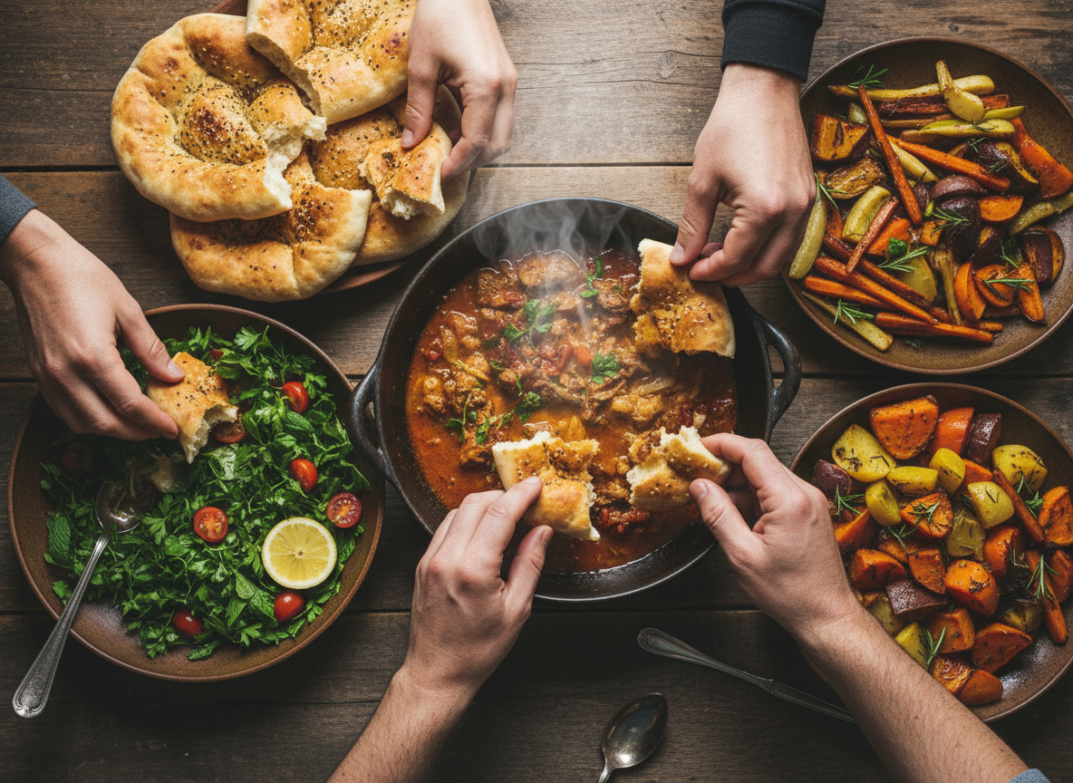 Hands reaching across a table to share a rich, steaming family-style meal
