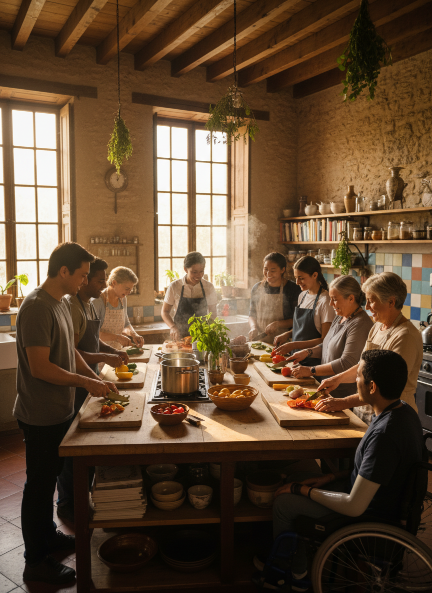 Neighbors of different ages and backgrounds cooking together in a shared kitchen